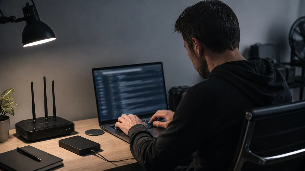 A system administrator examines Hidden Wiki links on a laptop in a tech-focused workspace, highlighting deep web navigation.
