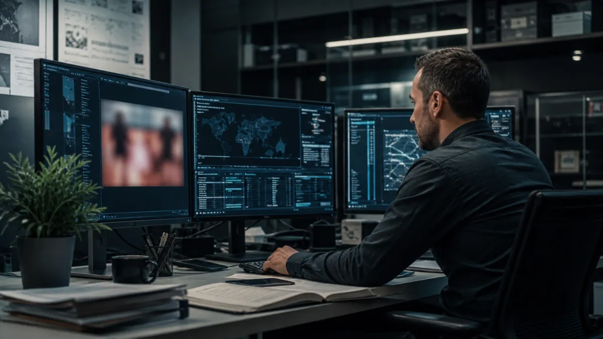 A system administrator analyzing dark web metrics in a high-tech office, highlighting the serious nature of the content.