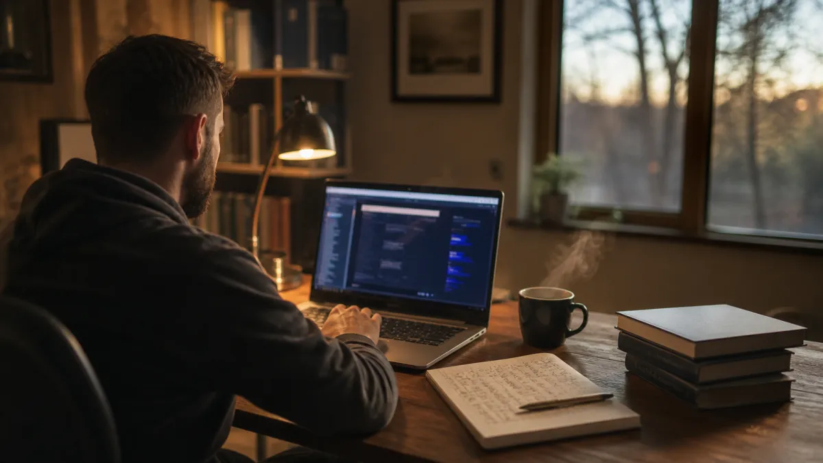 A system administrator navigating the Excavator search engine in a home office environment, surrounded by cybersecurity resources.