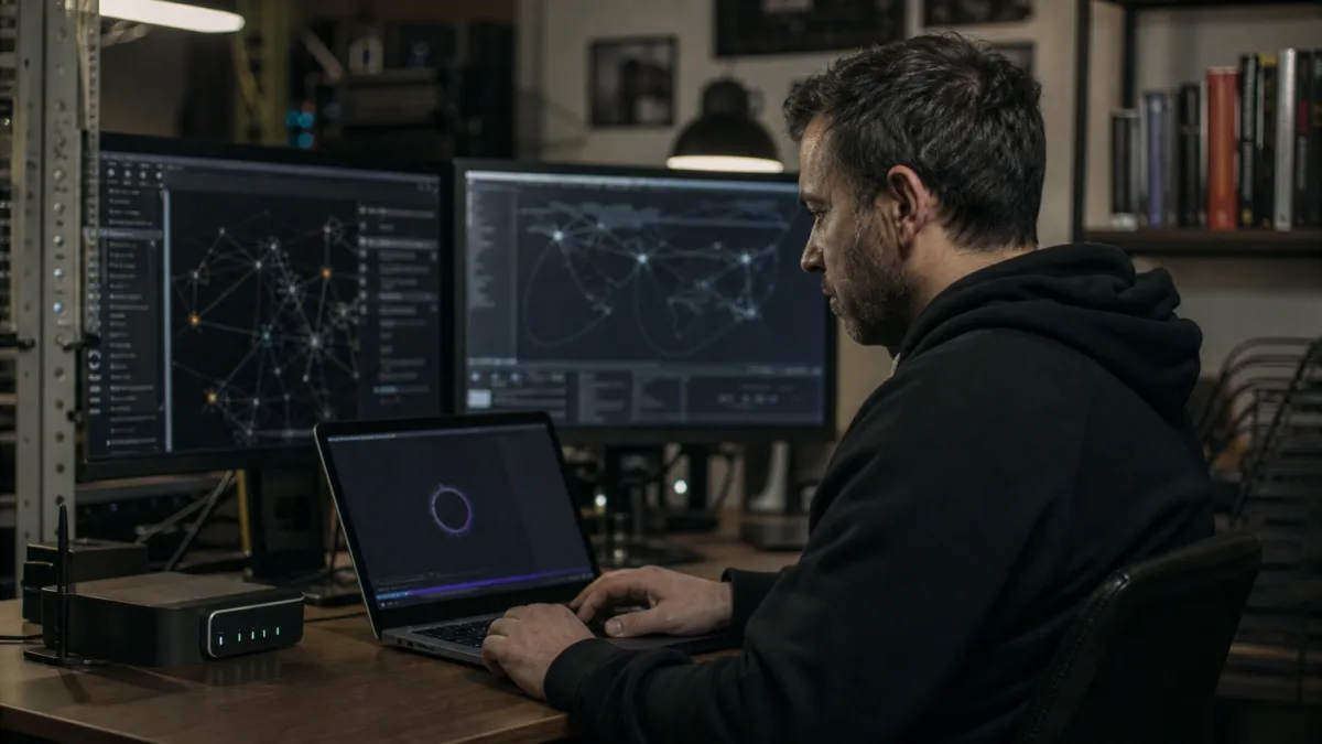A system administrator configuring Tor Browser on a laptop in a modern workspace, highlighting secure dark web access.