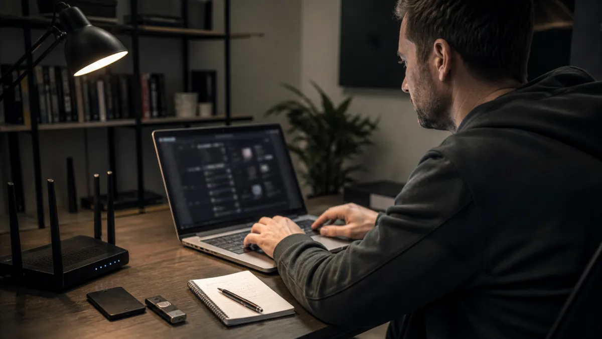 A system administrator safely browsing a dark web marketplace, surrounded by security tools and resources.
