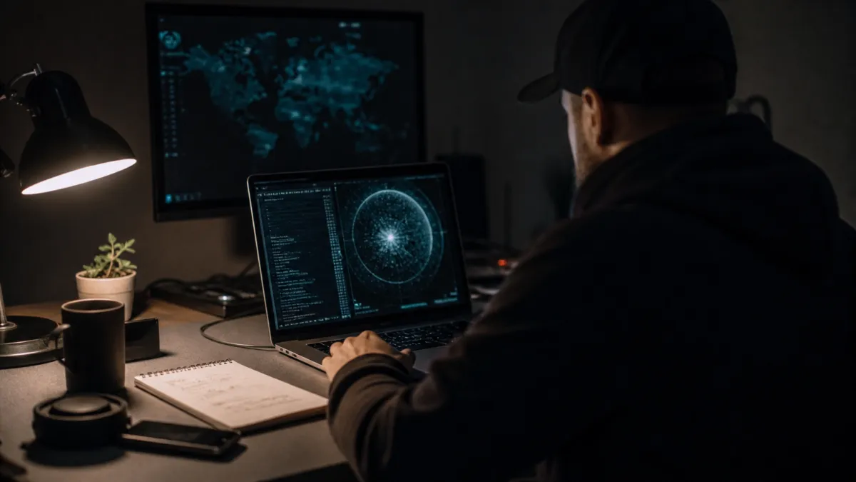 A system administrator analyzes dark web data on a laptop in a tech workspace, emphasizing the importance of security and anonymity.