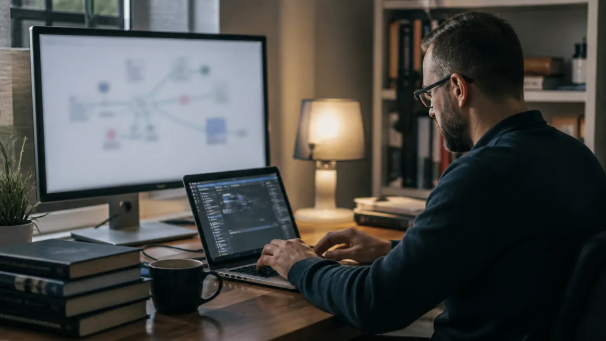 A system administrator in a home office testing a VPN connection on a laptop, surrounded by cybersecurity resources.