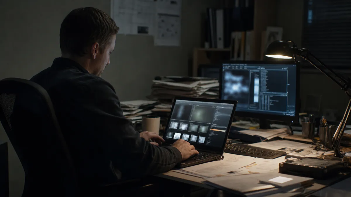 A system administrator reviewing dark web visuals in a dimly lit office, focused on a laptop's screen.