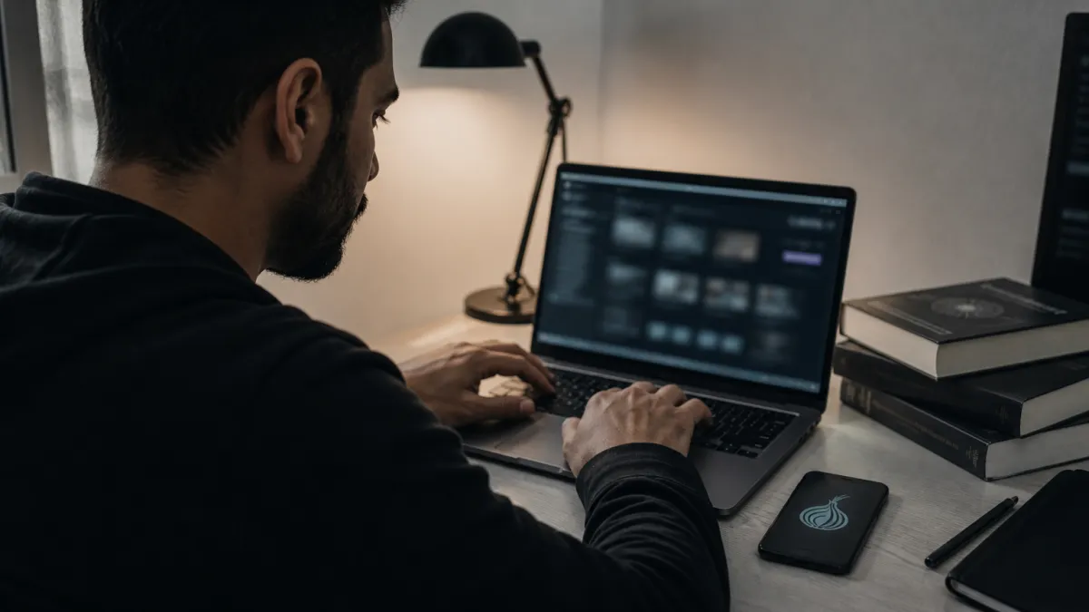 An IT professional accessing the deep web using Tor Browser, illustrating safe usage of technology.
