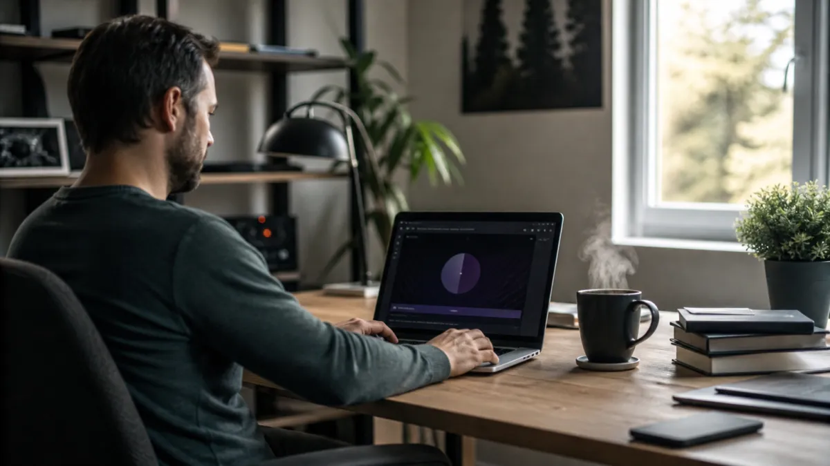 A system administrator working in a cozy home office, accessing .onion links on a laptop, surrounded by tech gadgets and books.