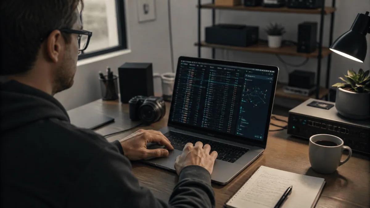 A system administrator analyzing deep web database access on a laptop in a modern office environment.