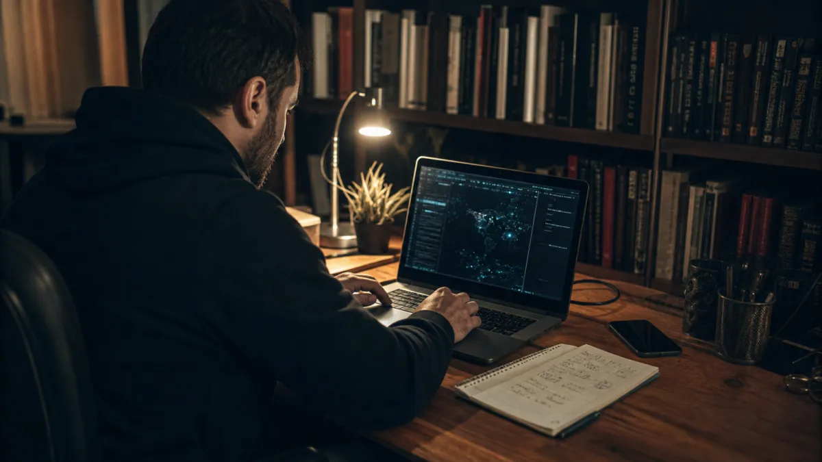 A system administrator in a home office analyzing a dark web tool on a laptop, with notes and a smartphone nearby.