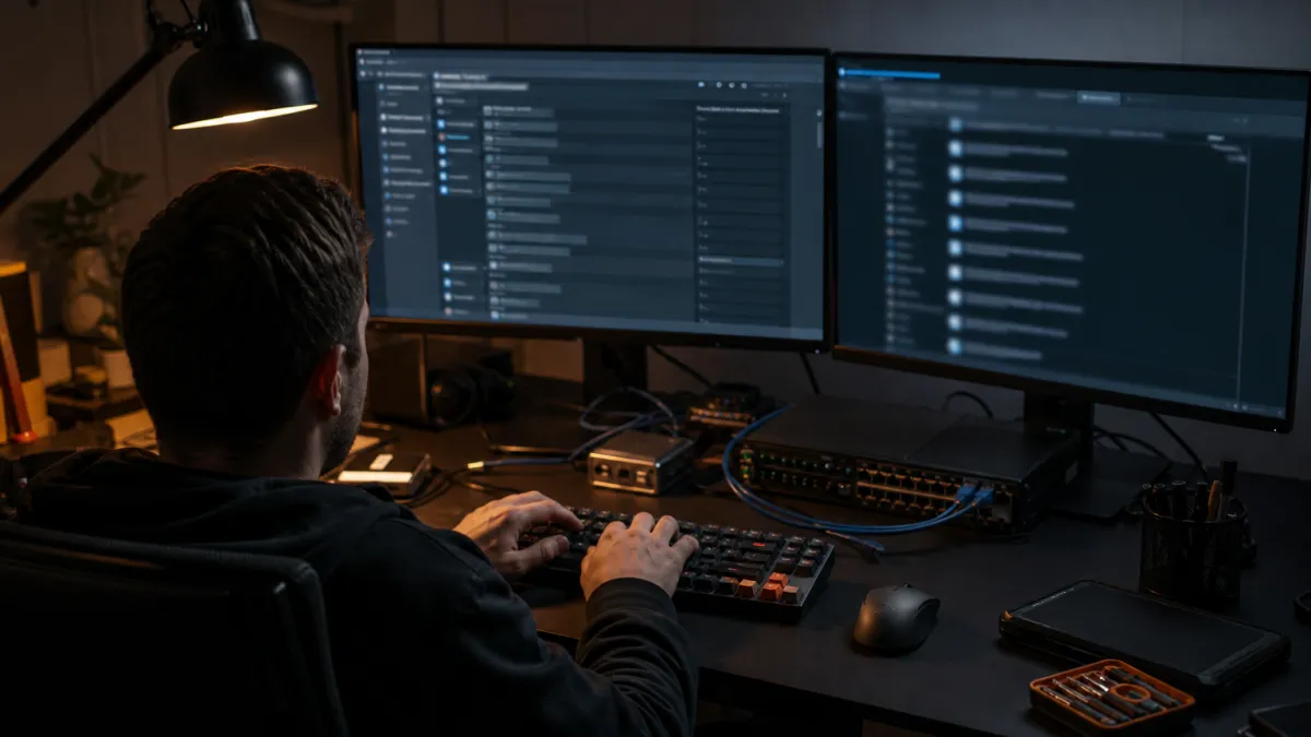 A system administrator analyzes Tor onion links on dual monitors, showcasing a tech-focused workspace.