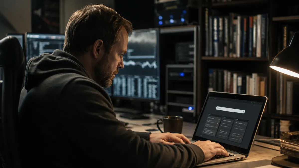 A system administrator evaluates dark web search engines in a tech workspace, highlighting the article's focus on finding resources.