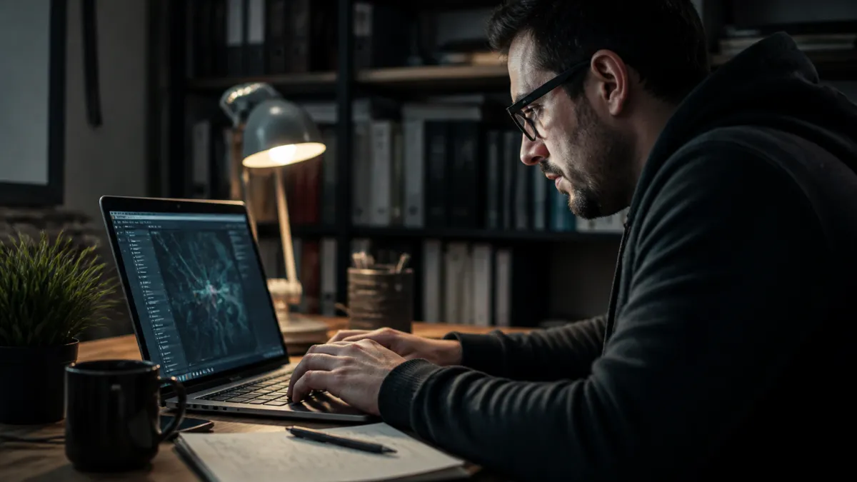 A system administrator analyzing onion services on a laptop in a cozy office environment, emphasizing the dark web navigation theme.