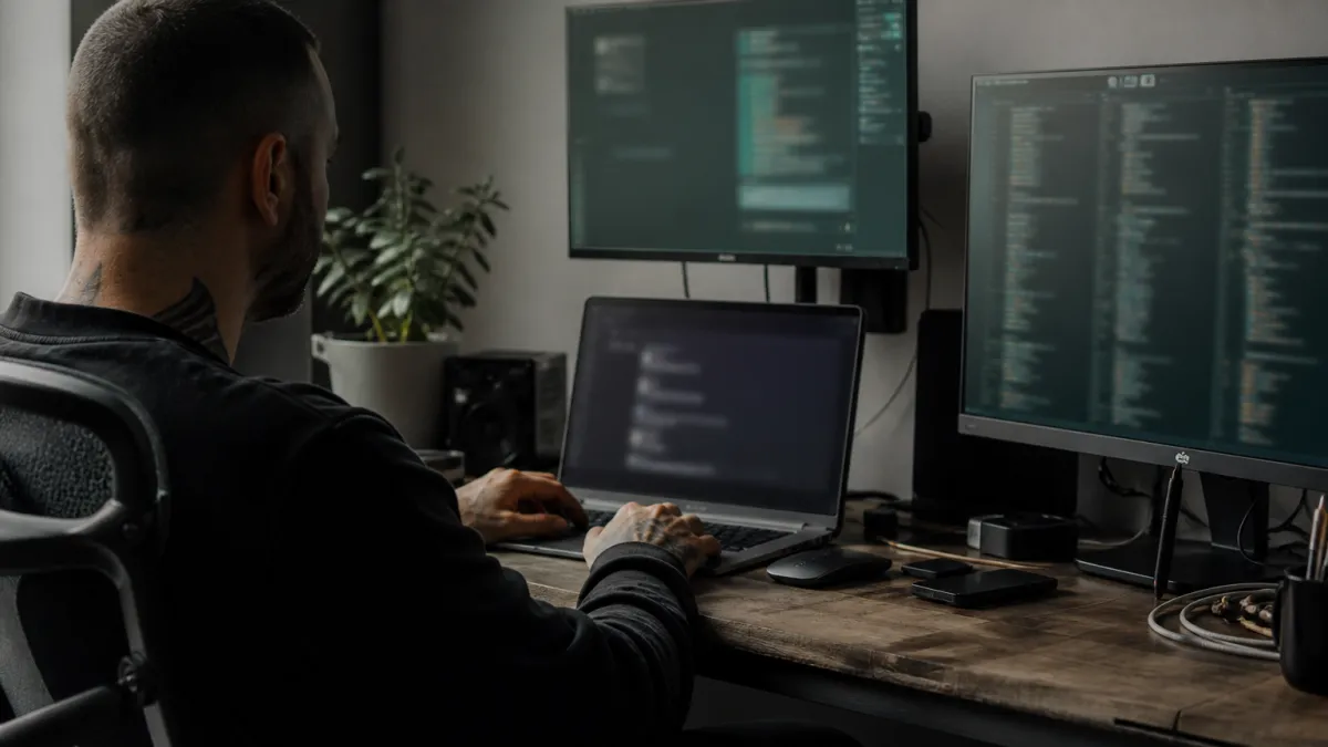 A system administrator focused on using Tor Browser in a tech workspace, surrounded by gadgets and monitors.