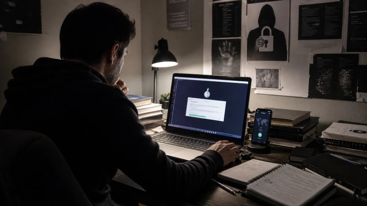 A system administrator configuring VPN and Tor settings at a desk, illustrating safe access to the dark web.