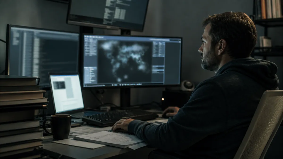 A system administrator studying the dark web on multiple screens in a dimly lit office environment.