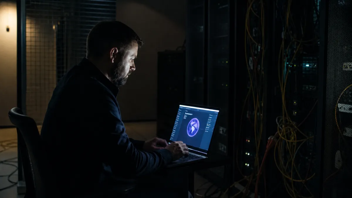 A system administrator adjusting Tor Browser settings in a dimly lit server room, emphasizing essential resources for Tor.
