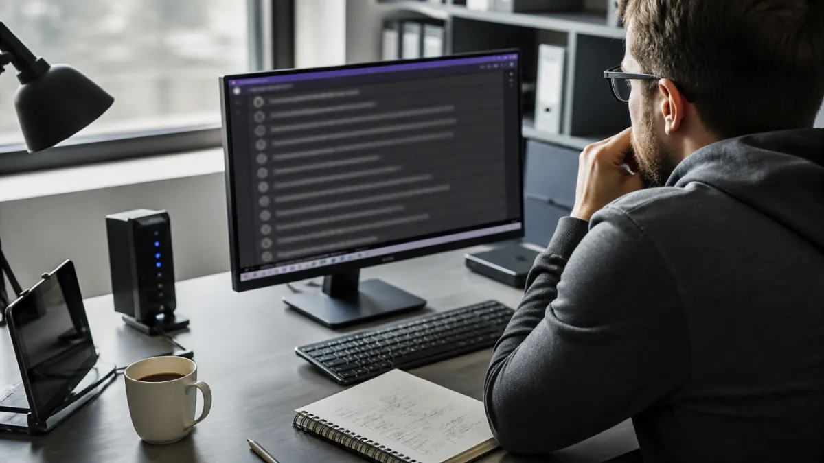 A system administrator examining Tor onion services on a desktop in a modern office setting.