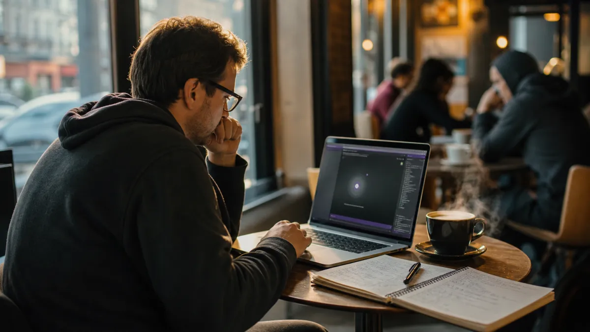 A system administrator in a cafe exploring onion services on a laptop, illustrating the article's focus on hidden resources.