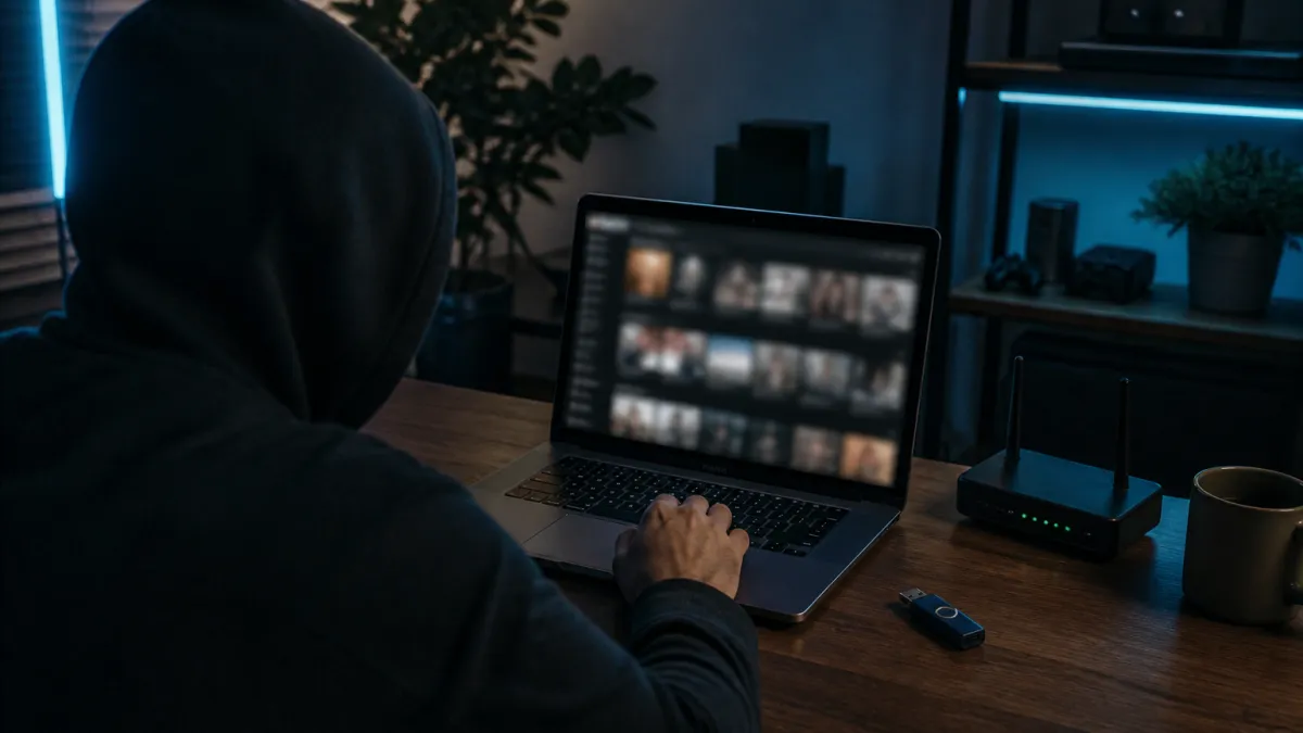 A person engaged in watching videos on a dark web streaming site, emphasizing the unique content available.