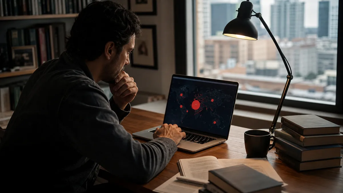 A system administrator checking dark web breach notifications on a laptop at a modern desk, surrounded by cybersecurity materials.